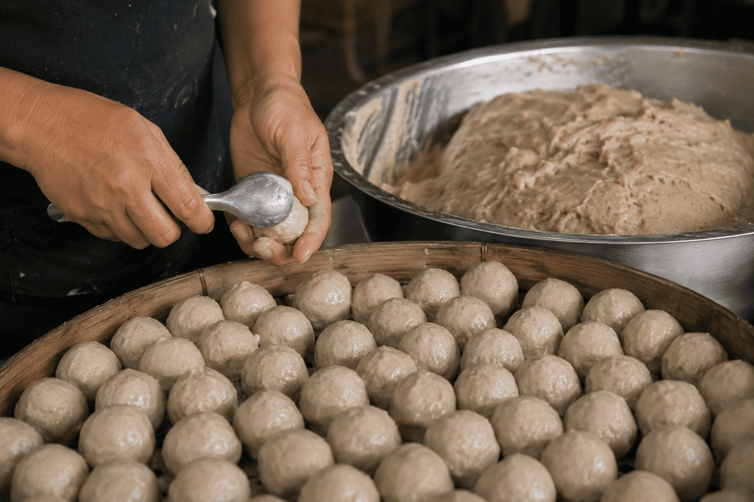 cara mengaduk adonan bakso merata